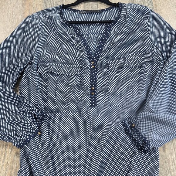 Zara Basic Top Womens XL Blue Micro Floral Long Sleeve Gold Stud Button Flowy - Picture 1 of 9